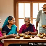 평균수명 증가의 사회적 영향 - A warm, realistic scene depicting a multi-generational Indian family in a traditional joint family h...