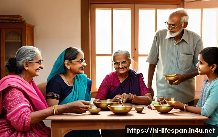 평균수명 증가의 사회적 영향 - A warm, realistic scene depicting a multi-generational Indian family in a traditional joint family h...