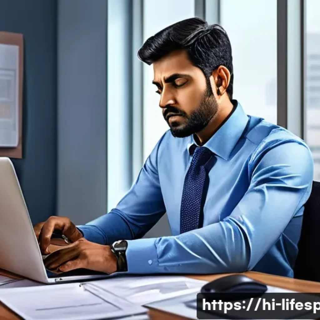 스트레스와 평균수명 - A detailed illustration of a stressed Indian office worker sitting at a cluttered desk with a laptop...