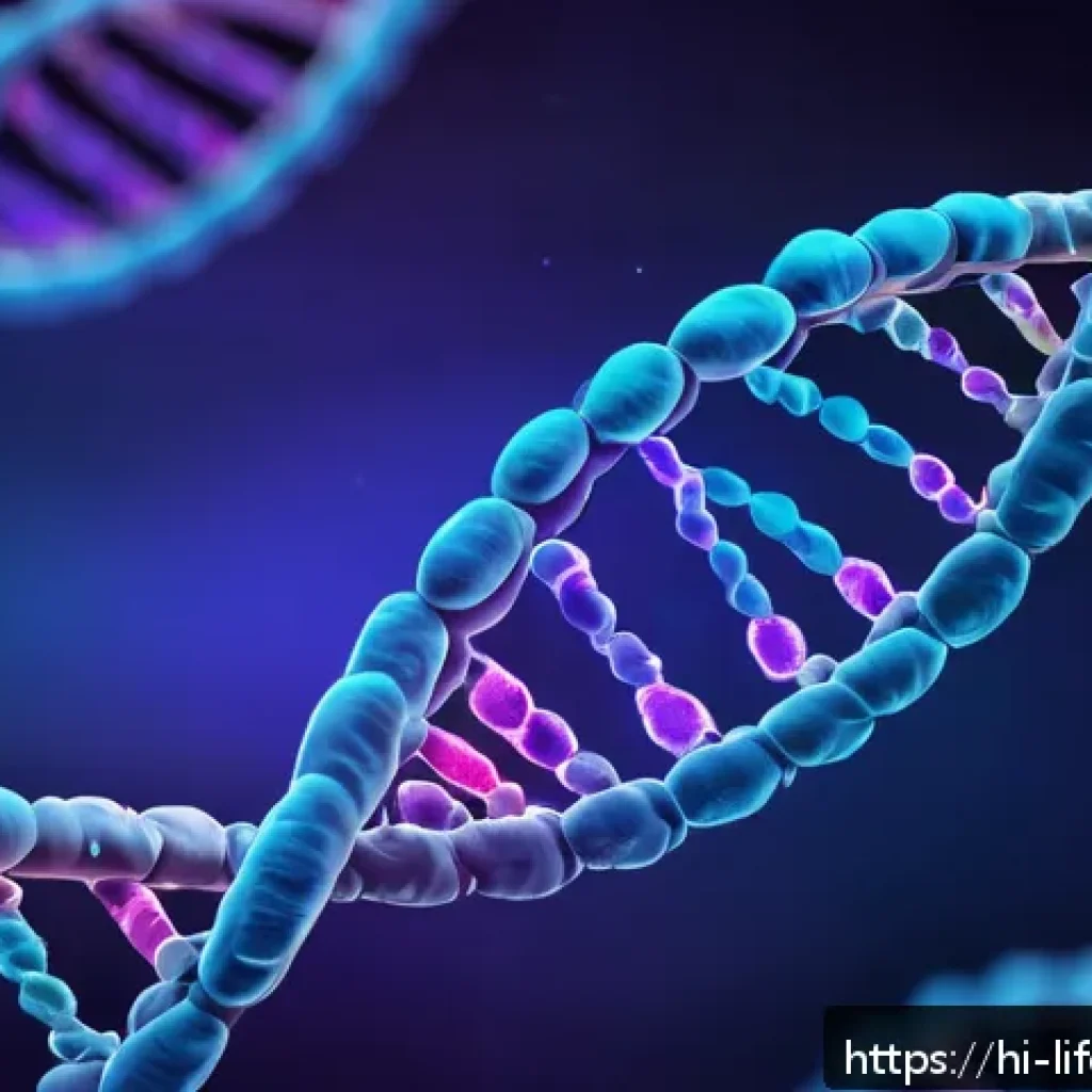 유전자와 평균수명 - A detailed scientific illustration of DNA strands highlighting genes like SIRT1, FOXO3, and TERT, wi...