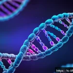 Home 18 유전자와 평균수명 - A detailed scientific illustration of DNA strands highlighting genes like SIRT1, FOXO3, and TERT, wi...