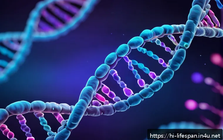 유전자와 평균수명 - A detailed scientific illustration of DNA strands highlighting genes like SIRT1, FOXO3, and TERT, wi...