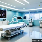 Home 23 한국 평균수명 - A modern South Korean hospital interior showcasing advanced medical technology, including AI diagnos...