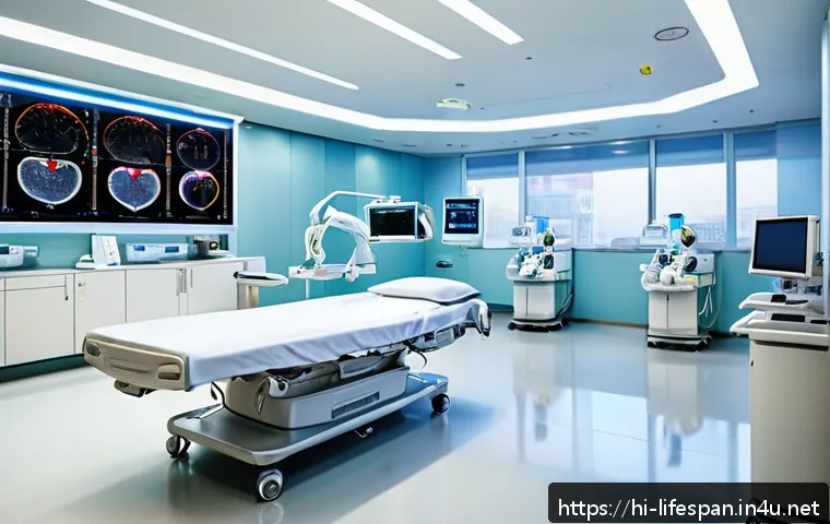 한국 평균수명 - A modern South Korean hospital interior showcasing advanced medical technology, including AI diagnos...