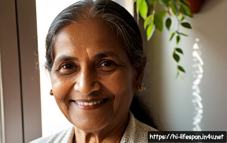 Home 17 유전자와 장수 - Photorealistic close-up of a healthy Indian senior woman in her late seventies smiling gently beside...
