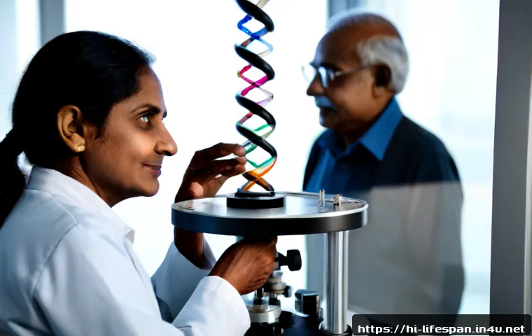 평균수명과 유전자 연구 - Photorealistic Indian genetics researcher in a modern laboratory, carefully examining a transparent ...