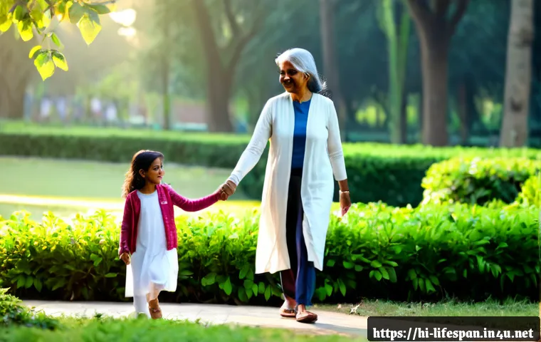 여성 평균수명 - Photorealistic scene of three generations of Indian women walking together in a sunlit public garden...